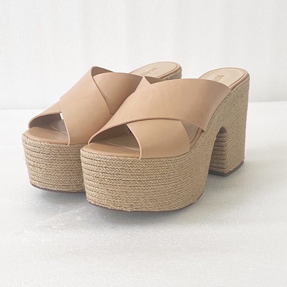 NEW SCHUTZ Tan Leather Jute Wrapped Platform Espadrille Sandals - Picture 5 of 13